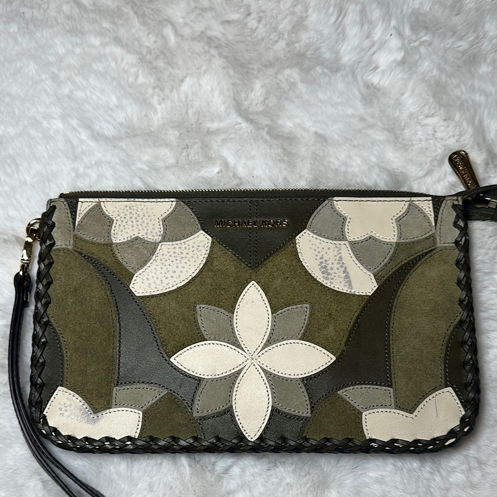Michael Kors Green and Cream Clutch with Floral Design